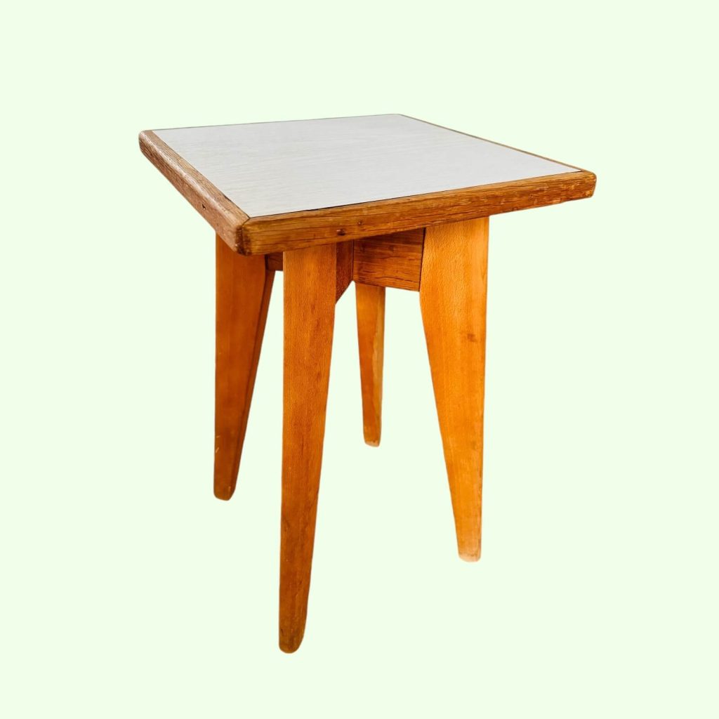 Petite Table D'appoint Vintage 1950/60 - Forme Haricot - Verre Et Pied Bois Compas