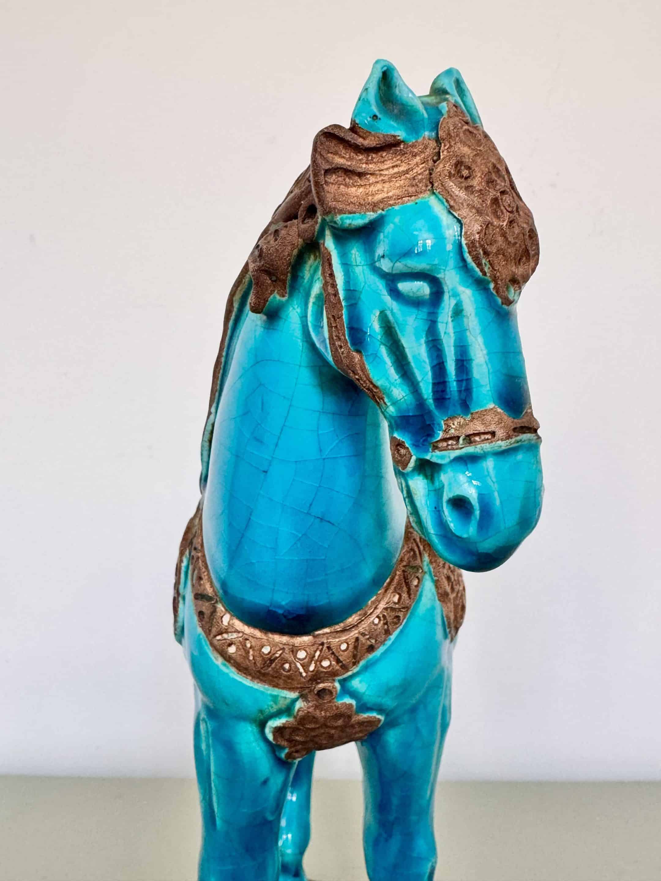 Sculpture cheval Tang Ugo Zaccagnini, émail bleu turquoise