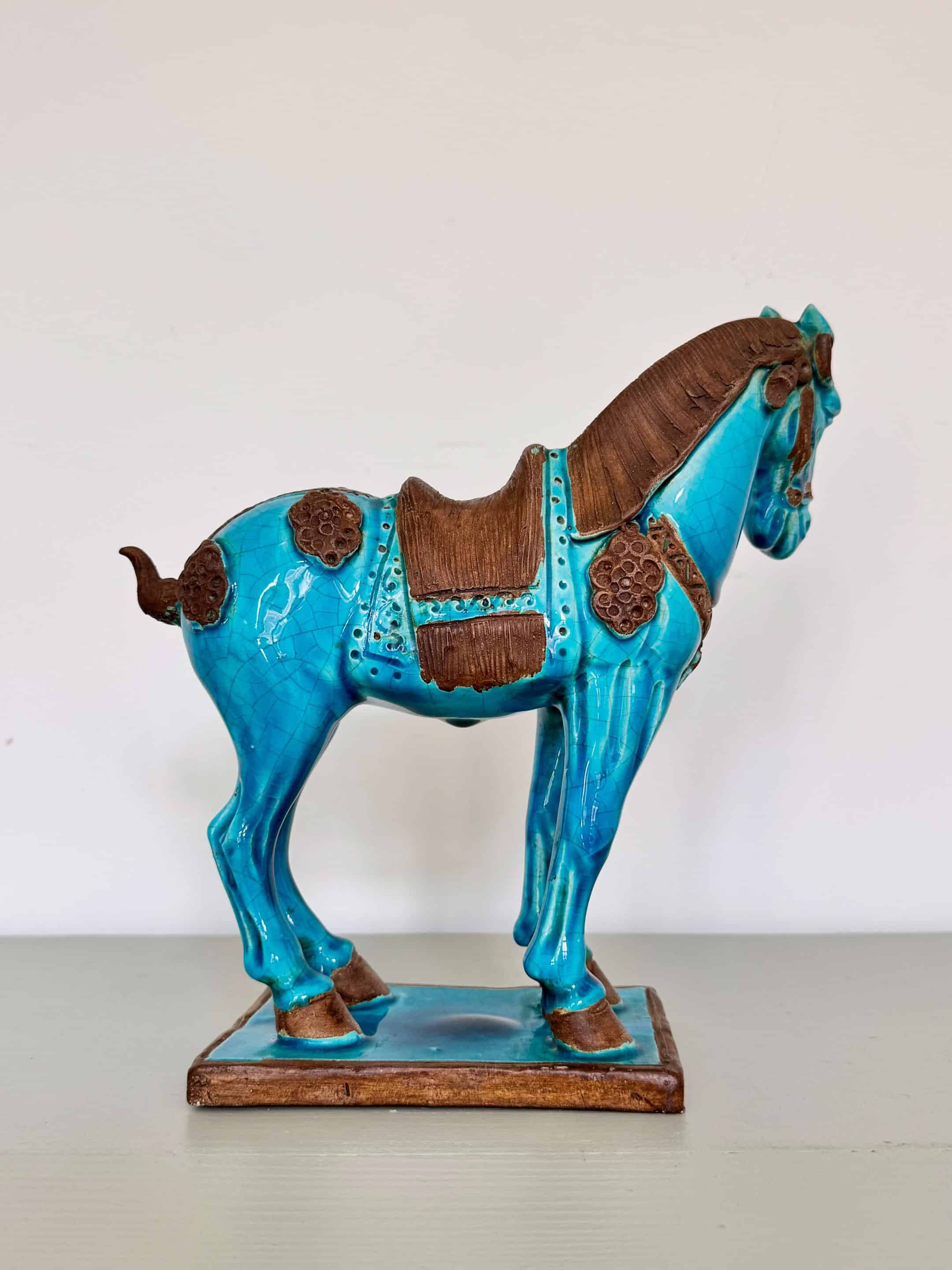 Sculpture cheval Tang Ugo Zaccagnini, émail bleu turquoise