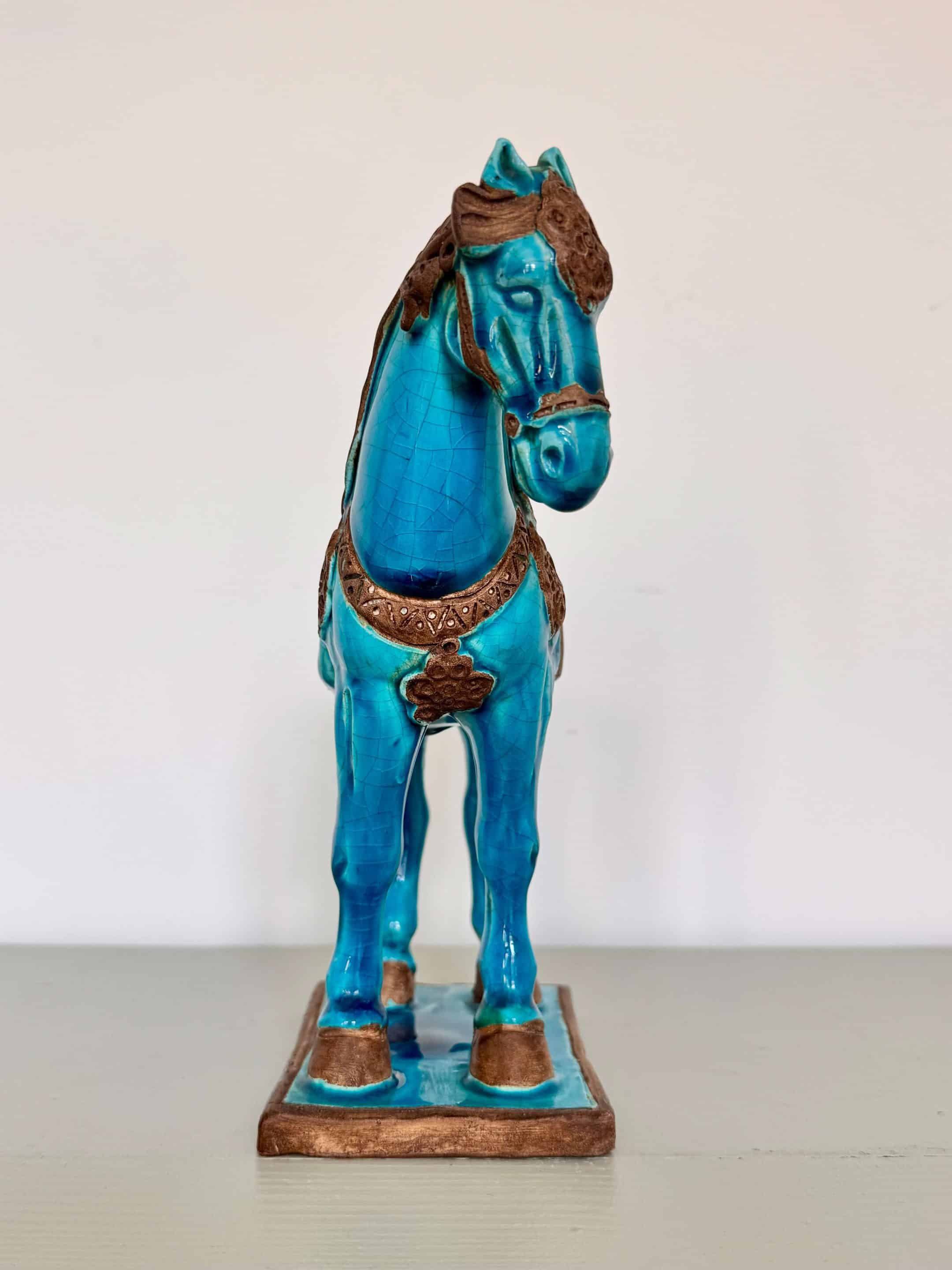 Sculpture cheval Tang Ugo Zaccagnini, émail bleu turquoise