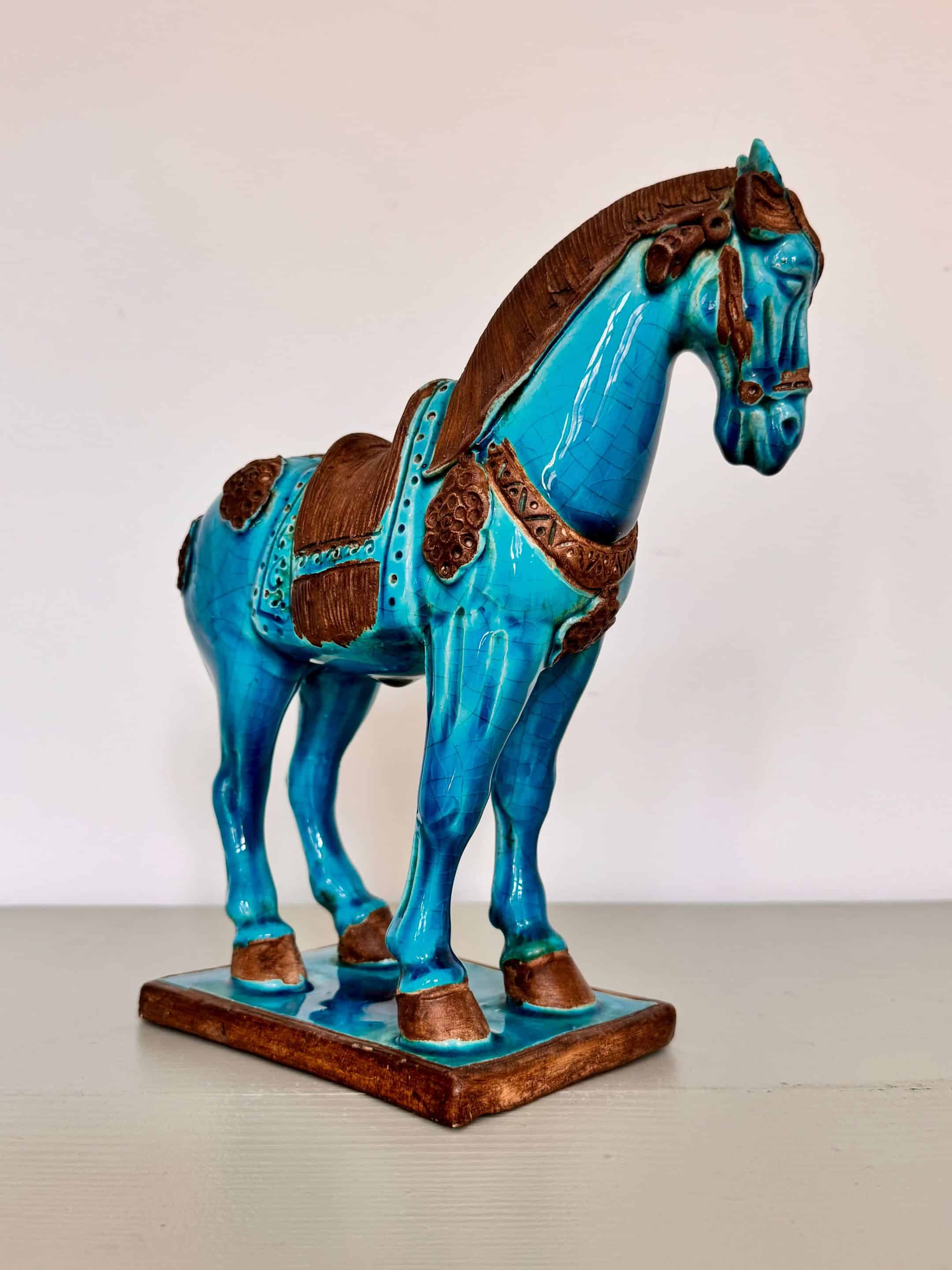 Sculpture cheval Tang Ugo Zaccagnini, émail bleu turquoise
