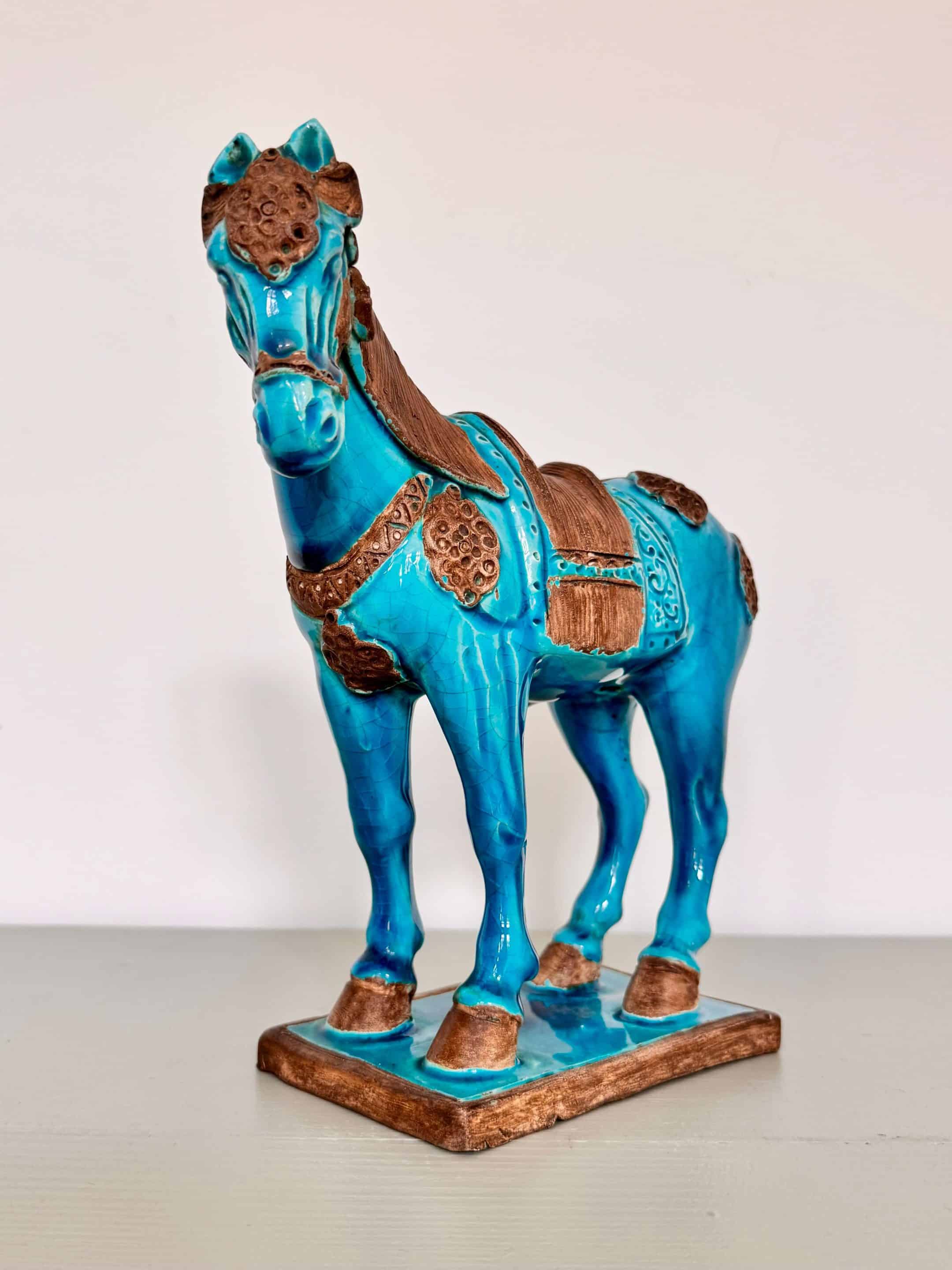 Sculpture cheval Tang Ugo Zaccagnini, émail bleu turquoise