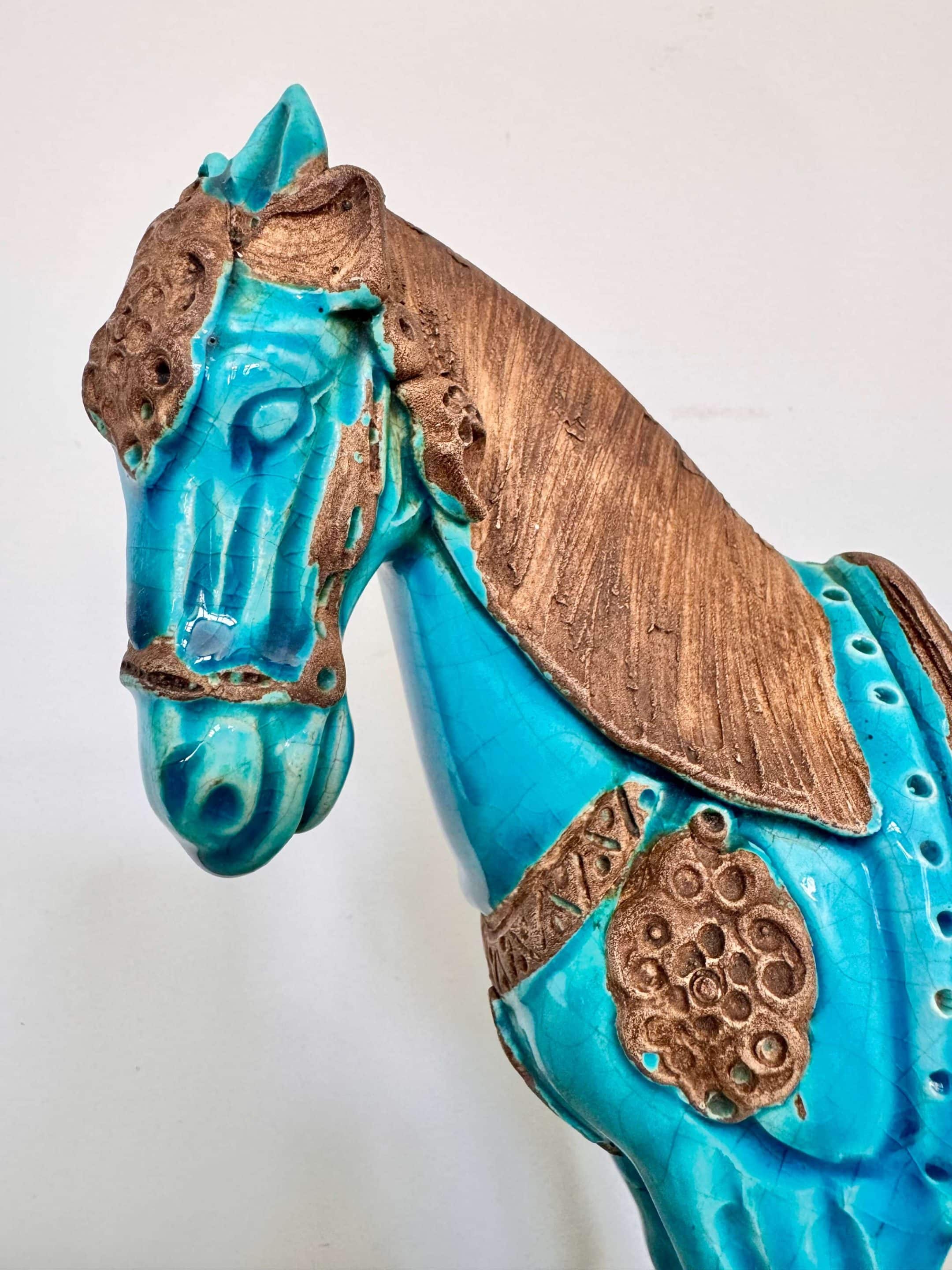 Sculpture cheval Tang Ugo Zaccagnini, émail bleu turquoise
