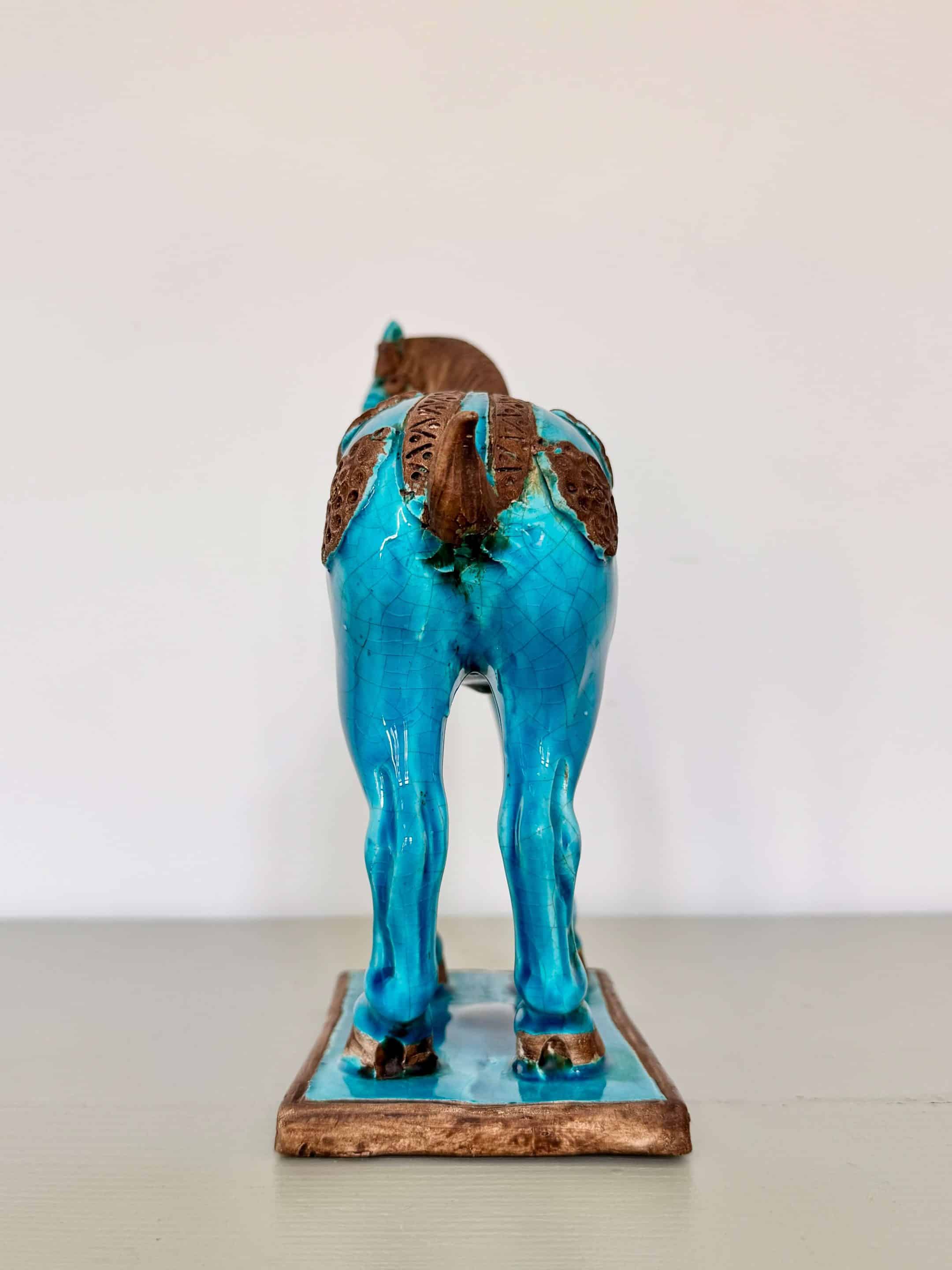 Sculpture cheval Tang Ugo Zaccagnini, émail bleu turquoise