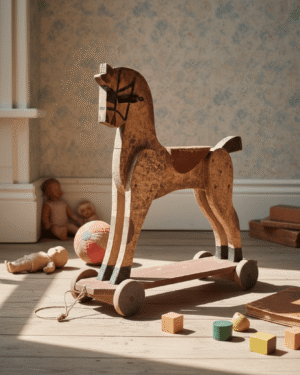 Ancien cheval en bois à roulettes, années 30