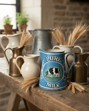 Ancien pichet en métal peint à la main