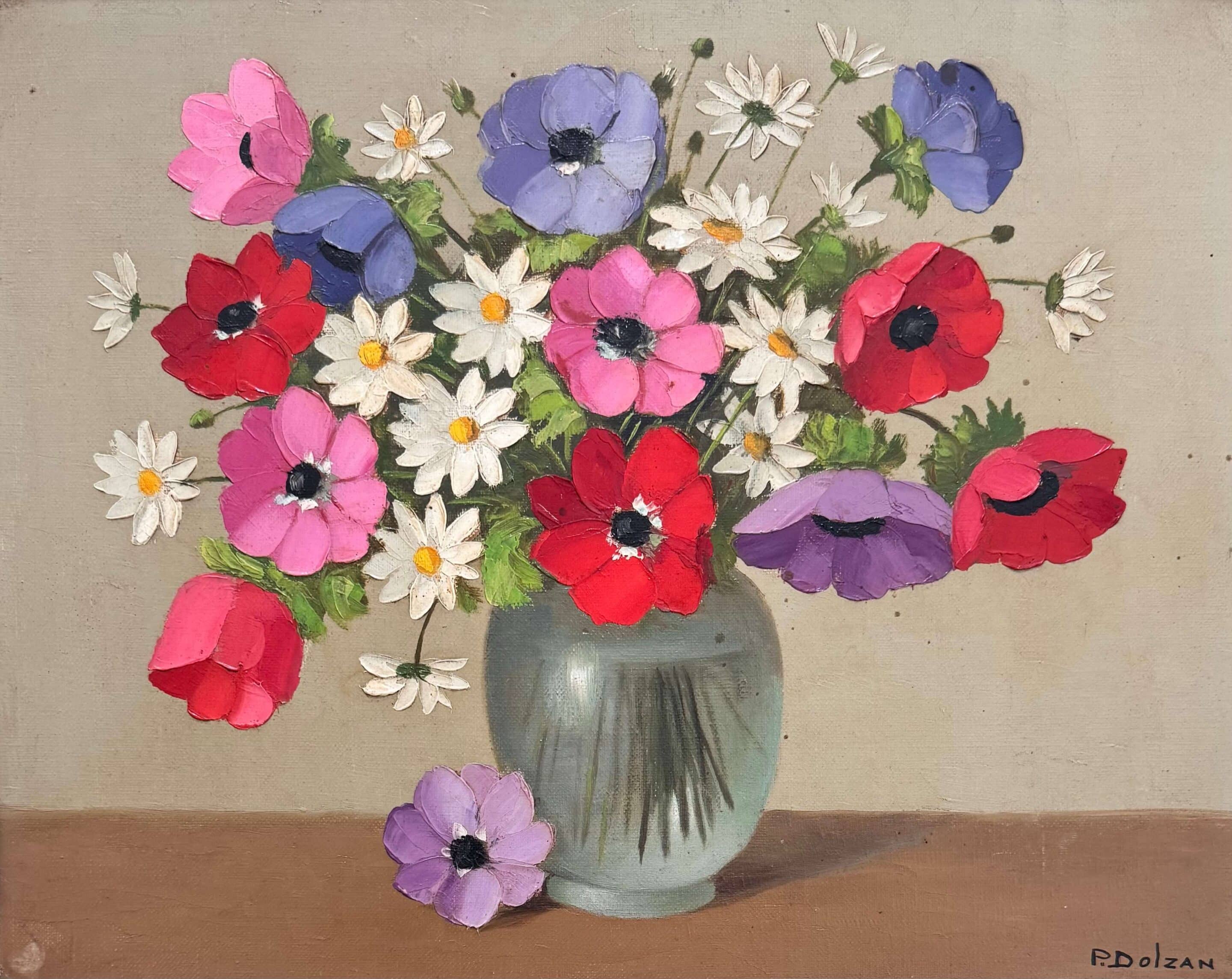 Huile sur toile, bouquet champêtre de P. Dolzan