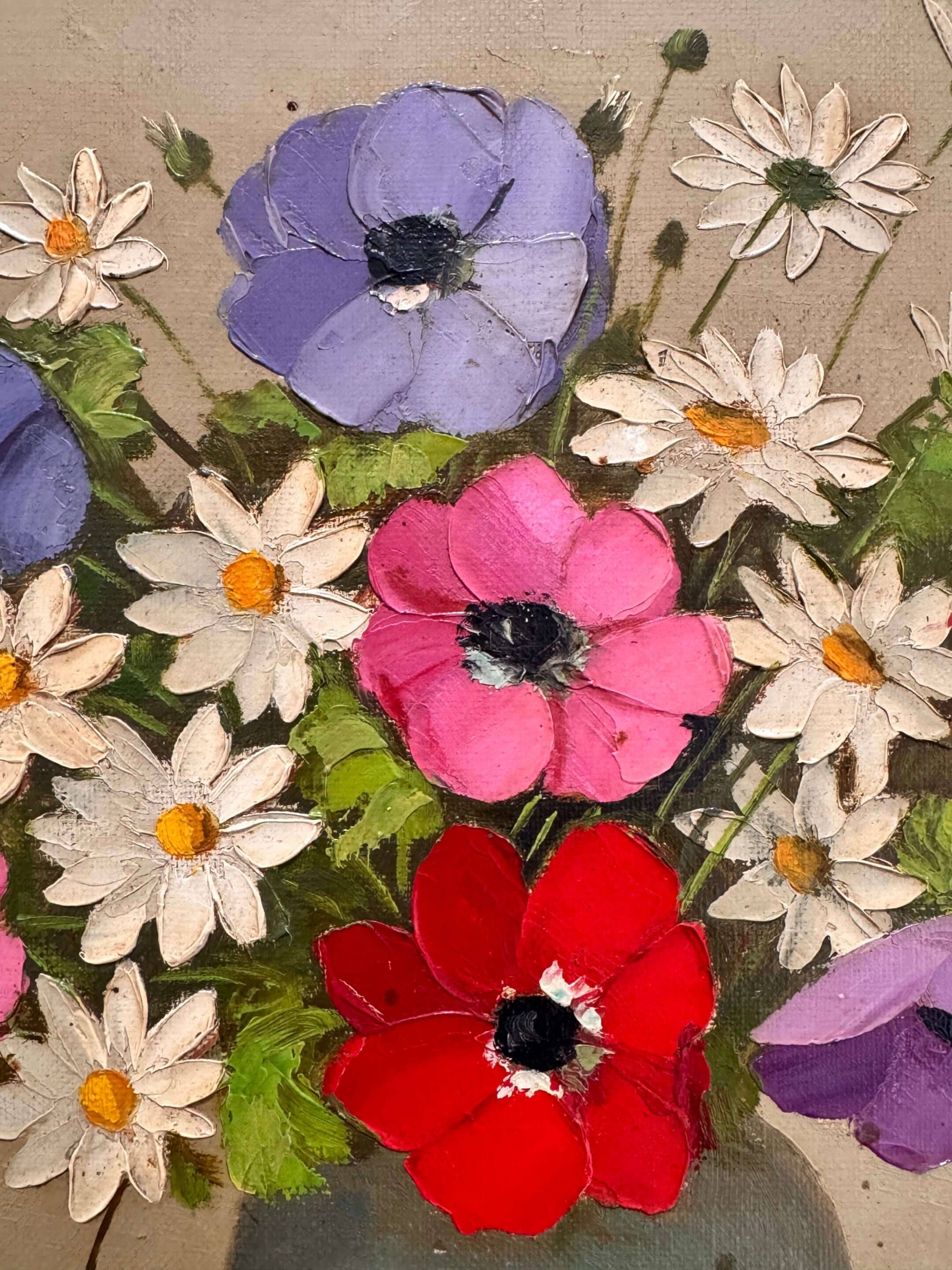 Huile sur toile, bouquet champêtre de P. Dolzan