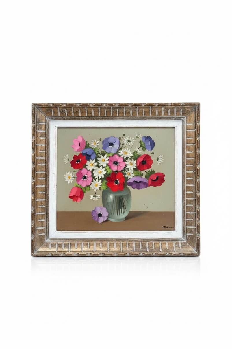 Huile sur toile, bouquet champêtre de P. Dolzan