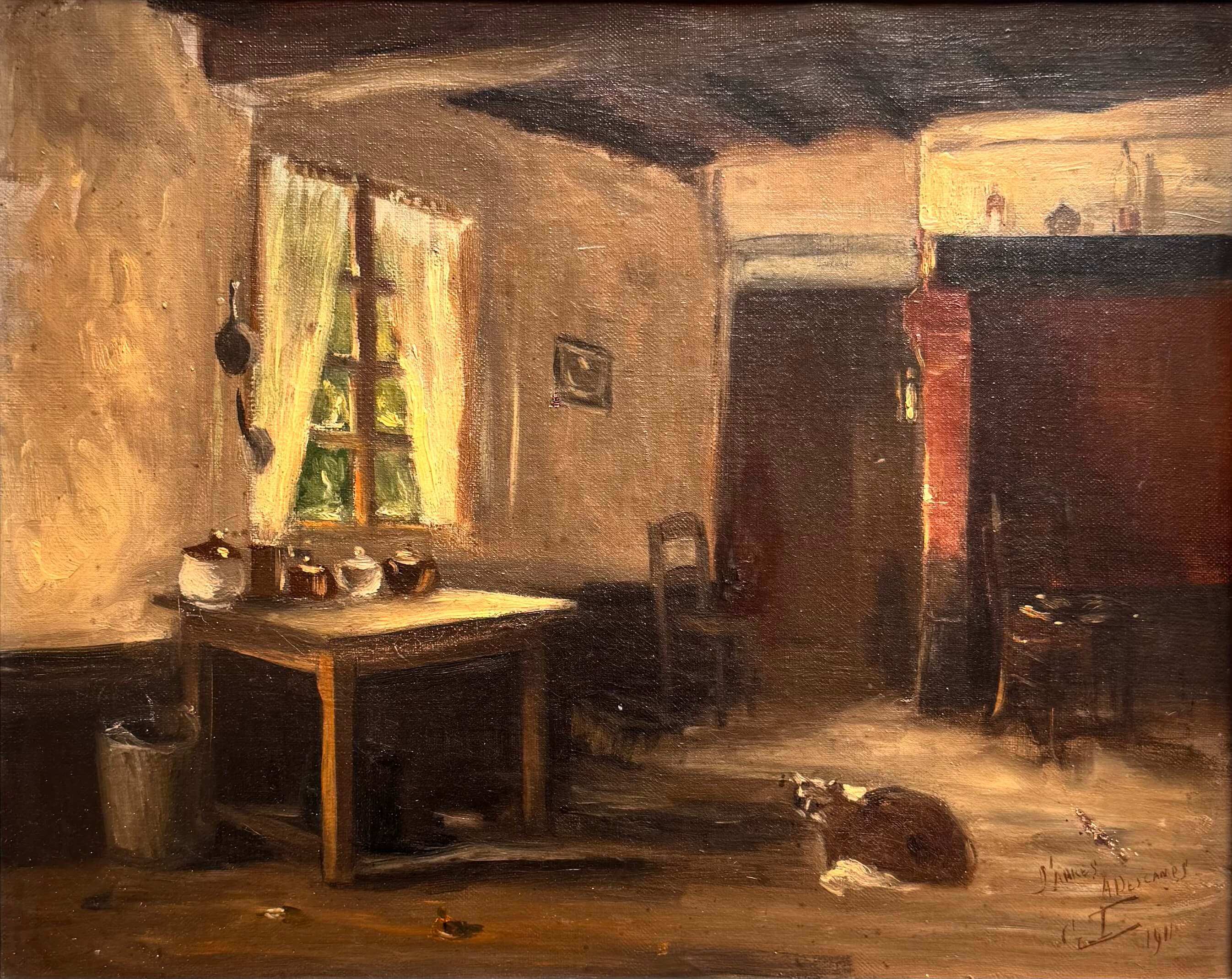 Intérieur rustique d'une chaumière, huile sur toile de 1911