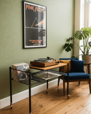 Table basse à roulettes vintage pour rangement disques vinyles