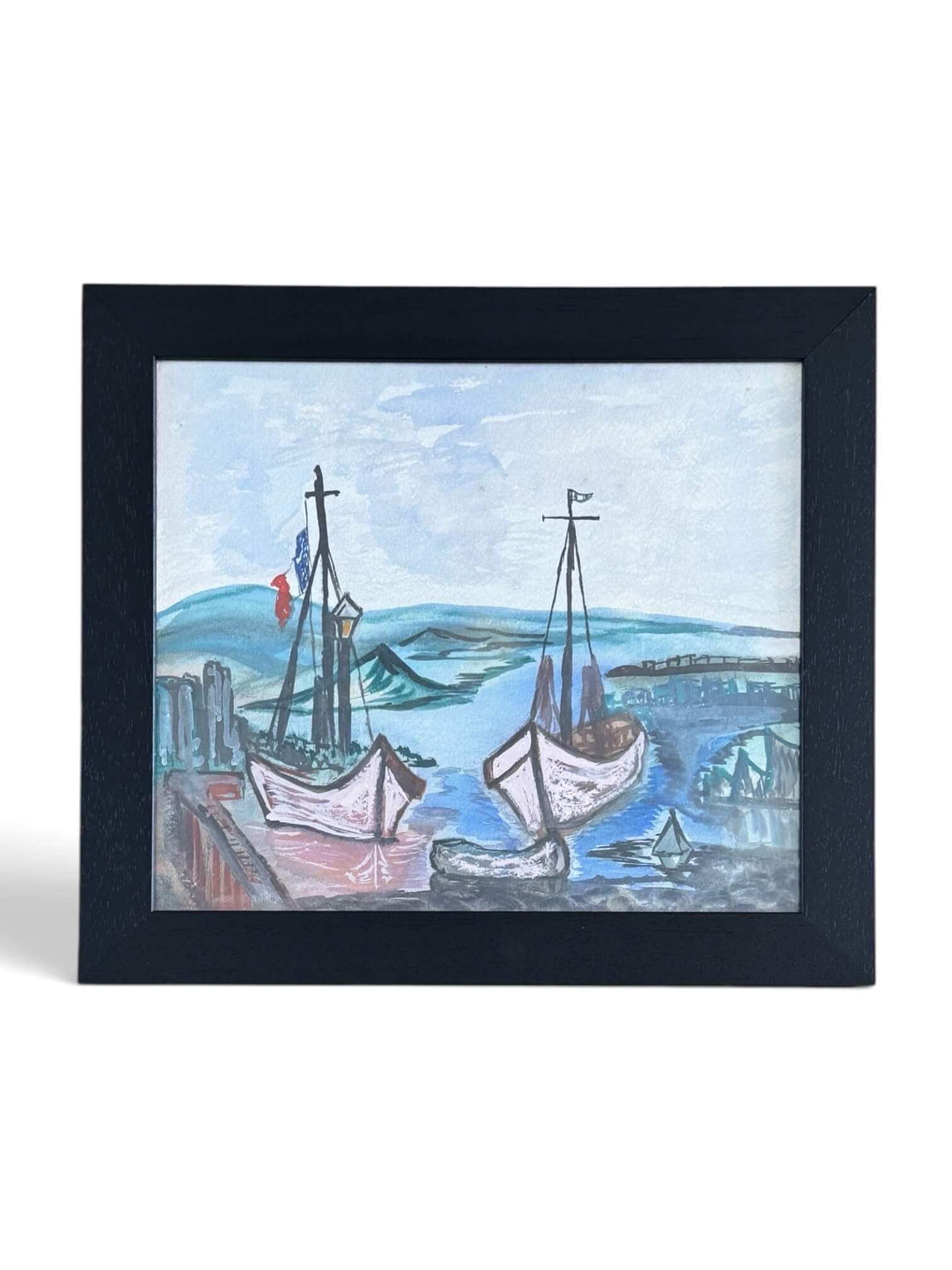 Peinture de bateaux amarrés, paysage marin