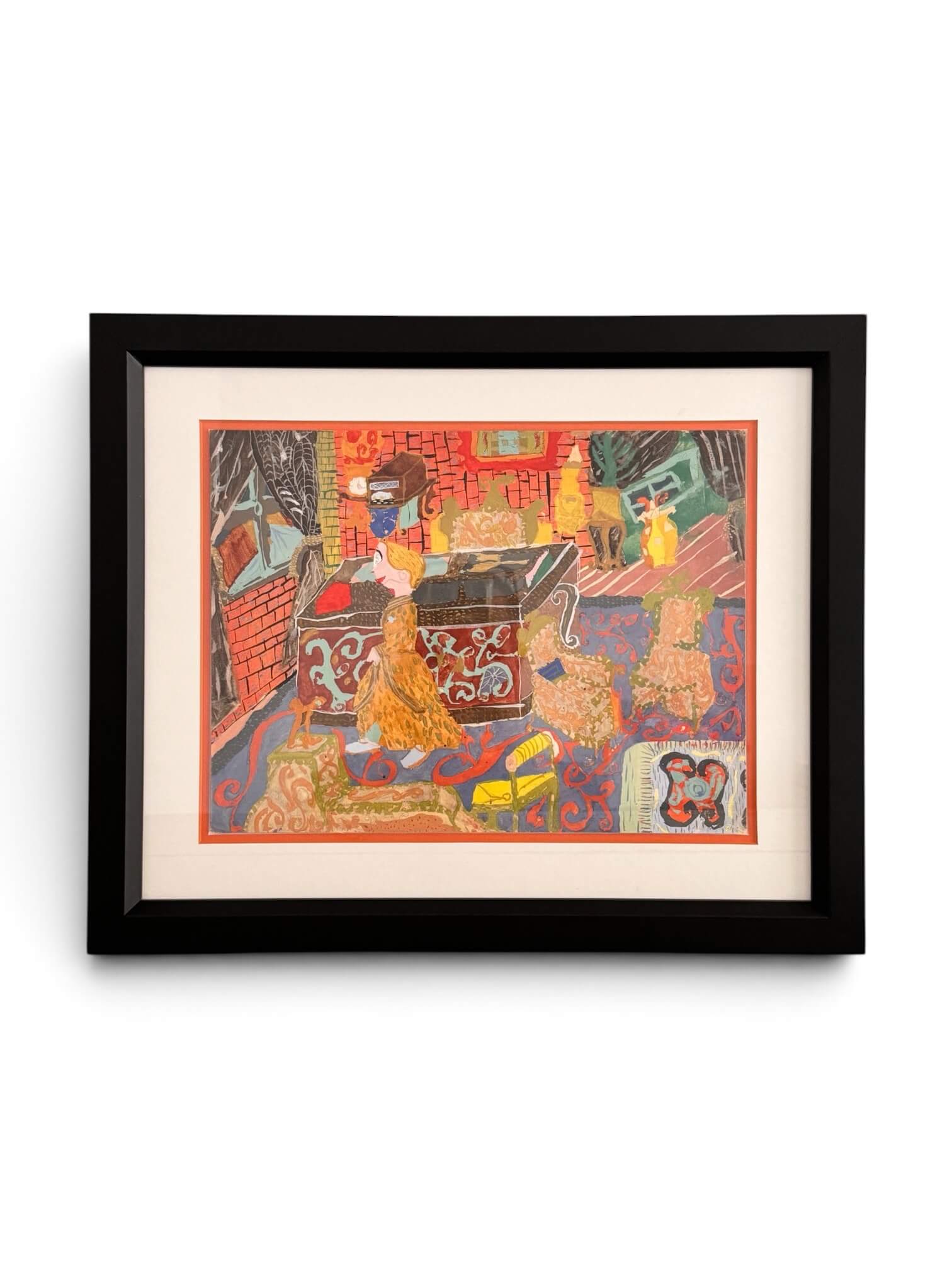 Dessin gouaché, scène d'intérieur