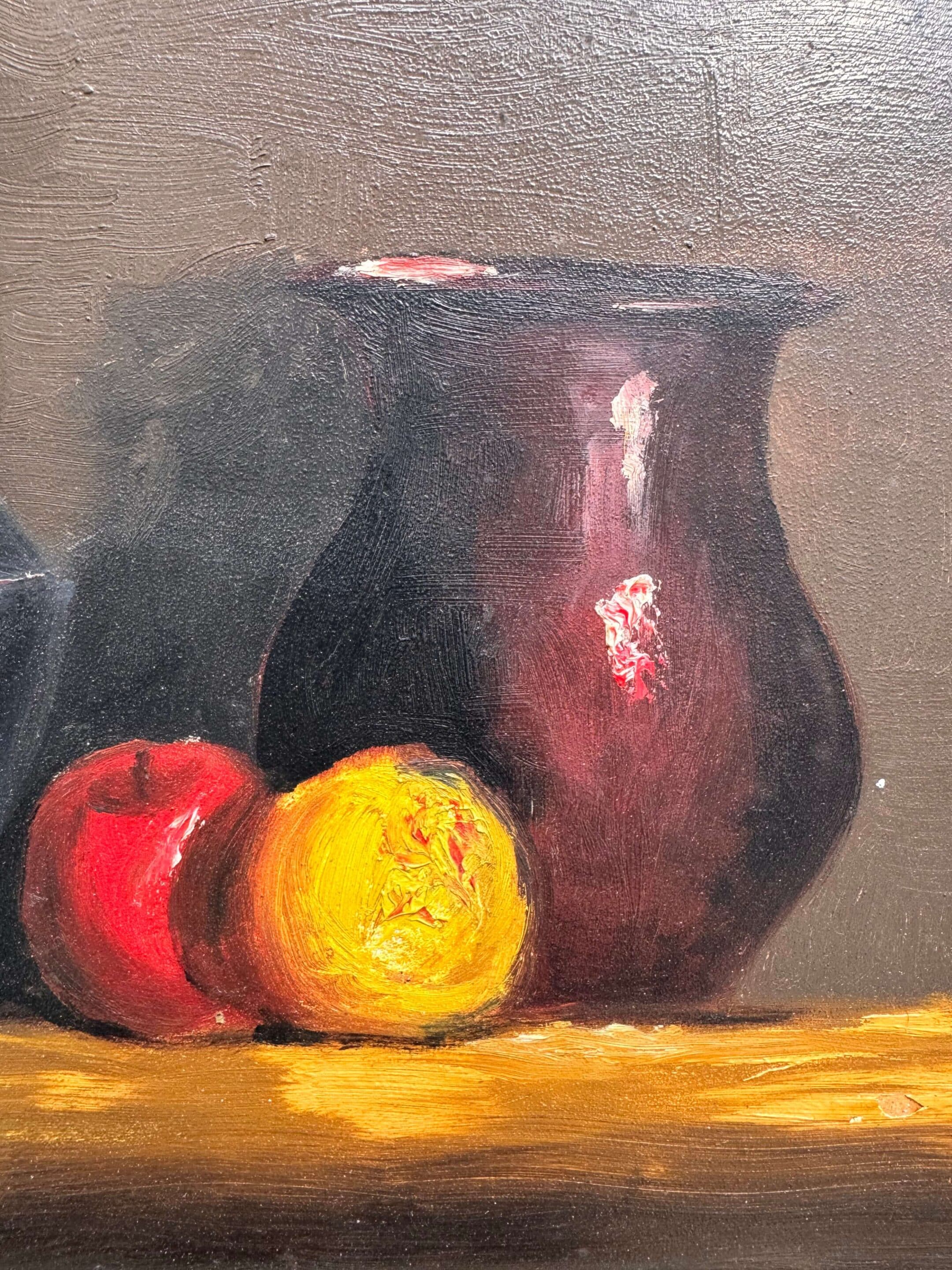 Haralambos Potamianos, huile sur panneau "Cuivres et Fruits"