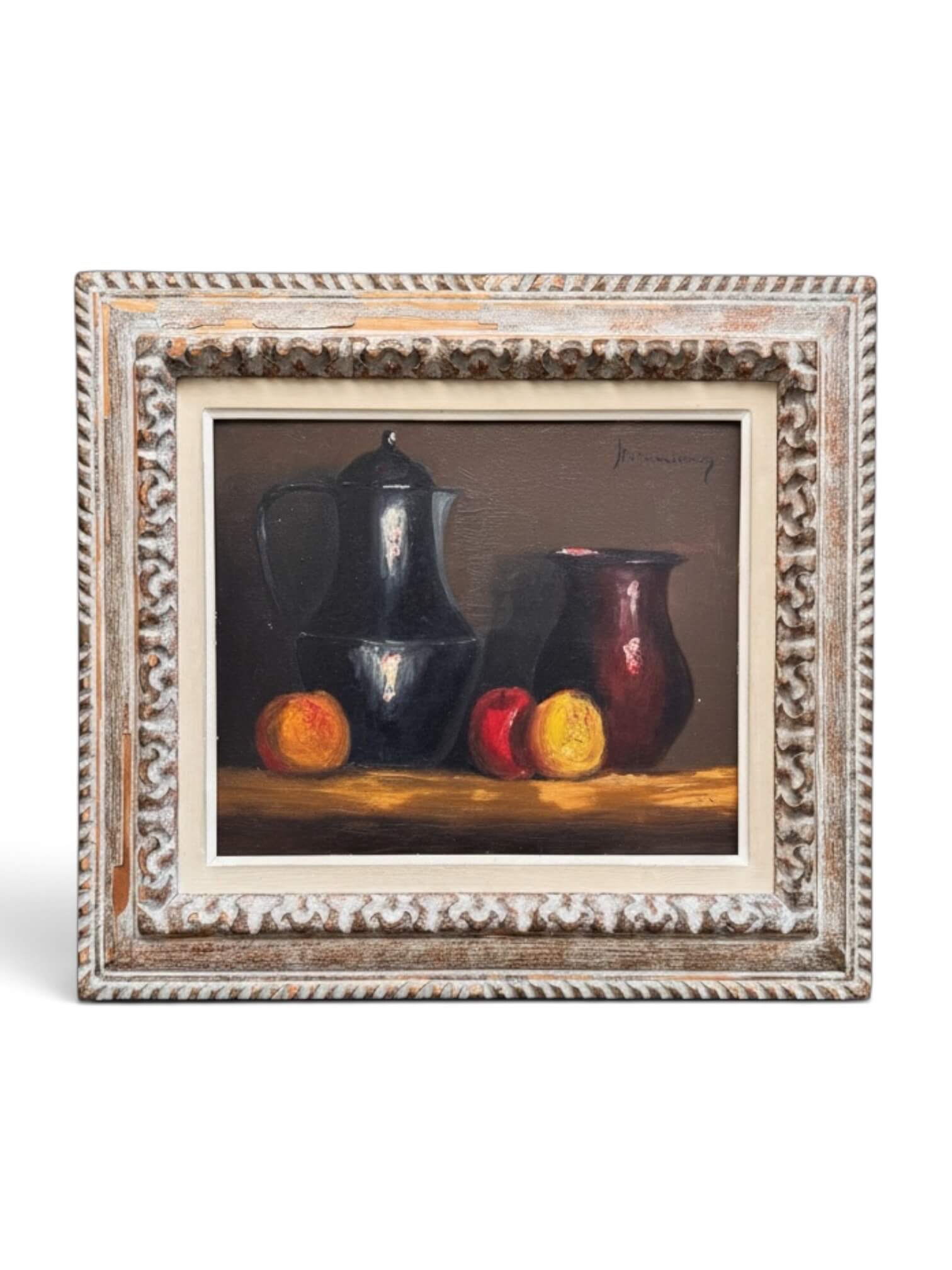 Haralambos Potamianos, huile sur panneau "Cuivres et Fruits"