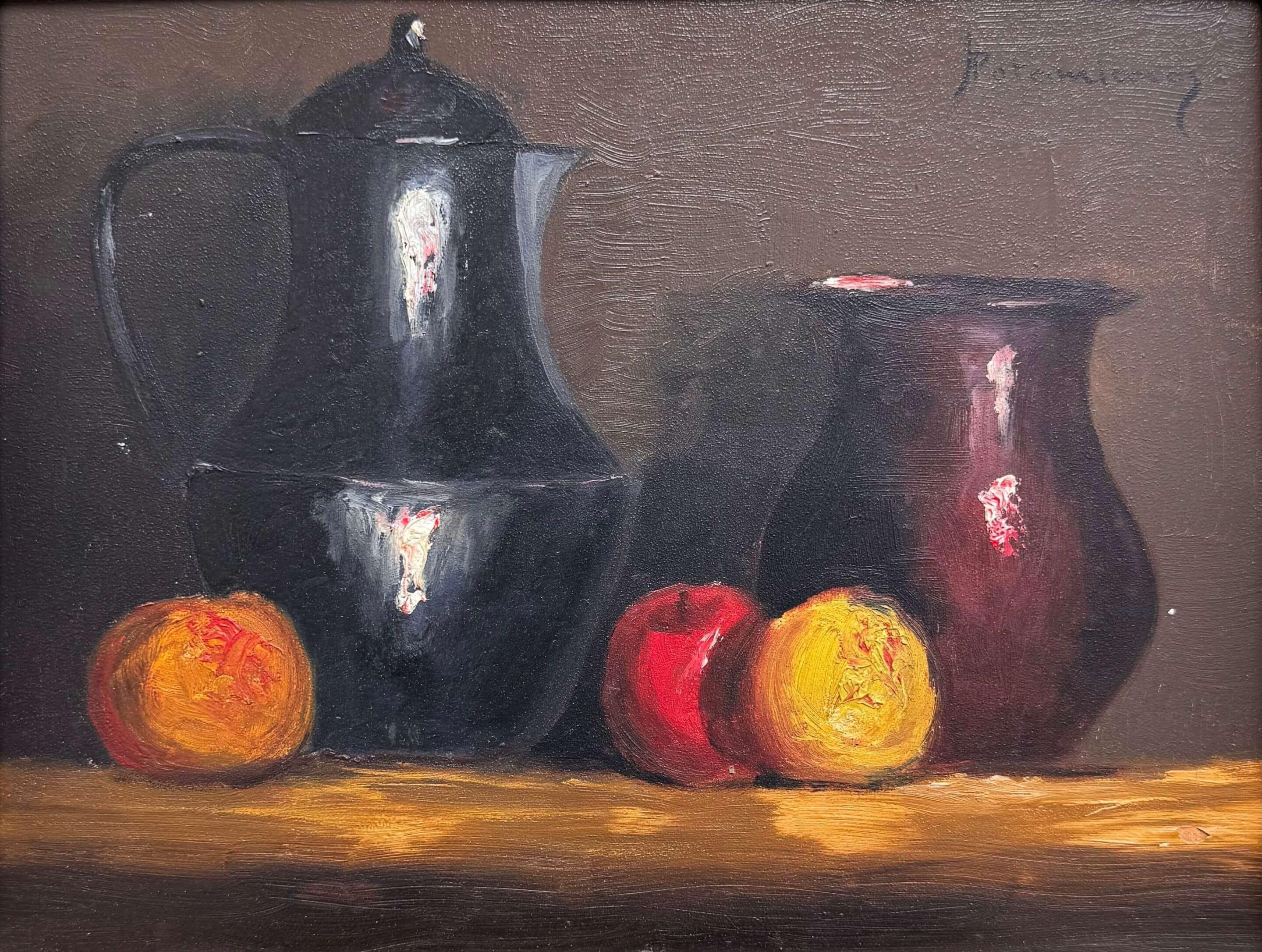 Haralambos Potamianos, huile sur panneau "Cuivres et Fruits"