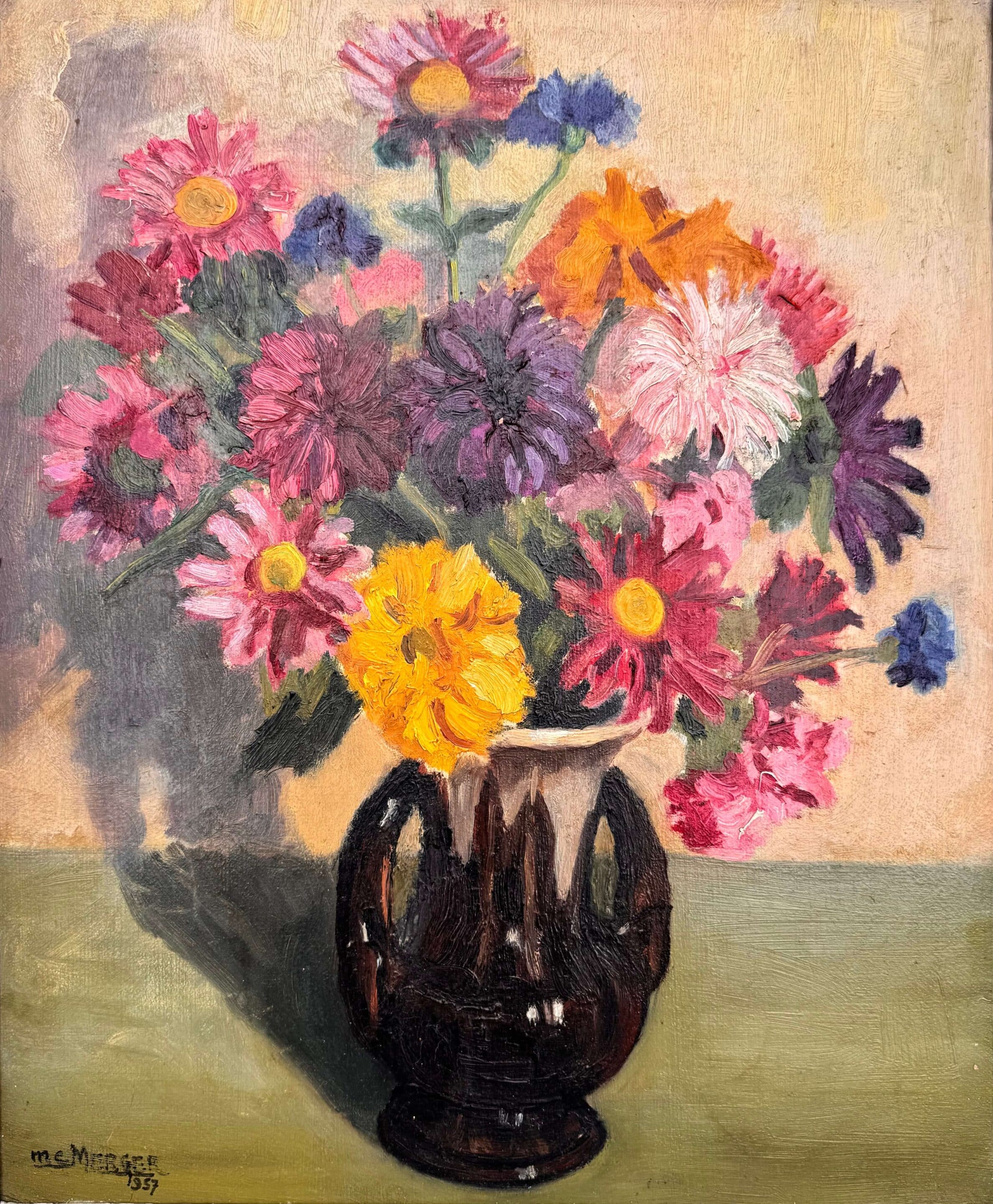 Peinture signée Maurice Merger, "Reines-Marguerites"