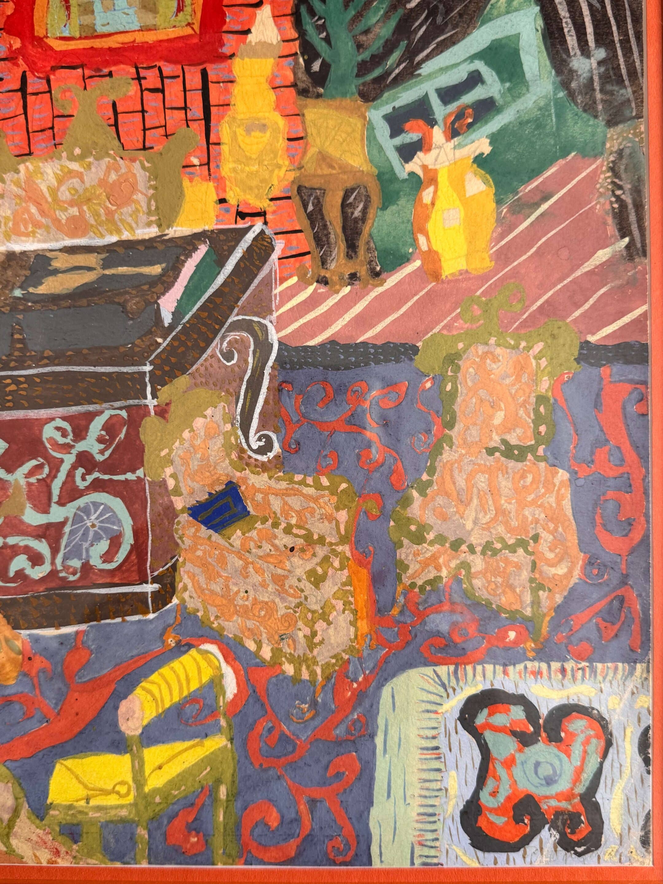 Dessin gouaché, scène d'intérieur