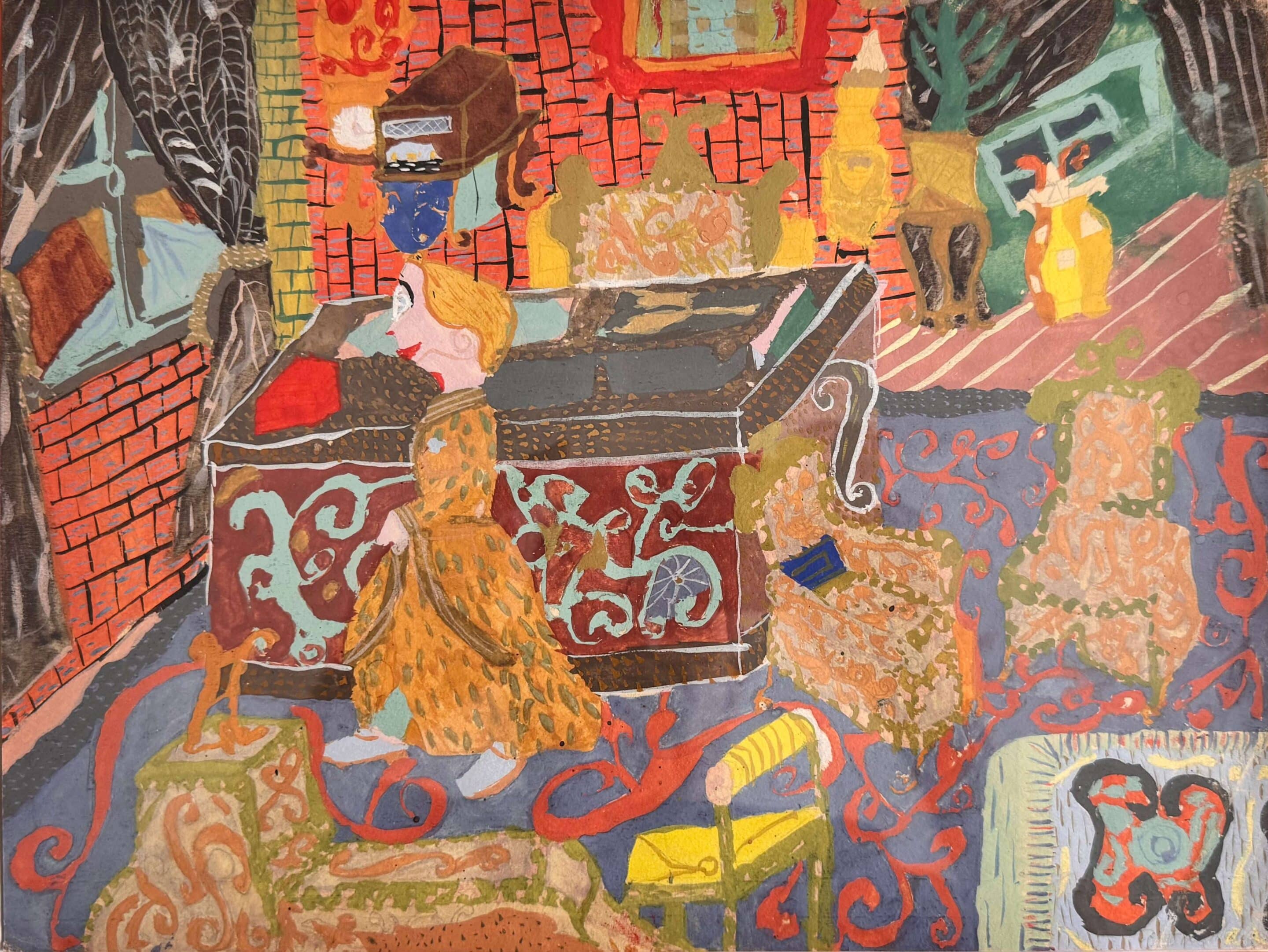 Dessin gouaché, scène d'intérieur