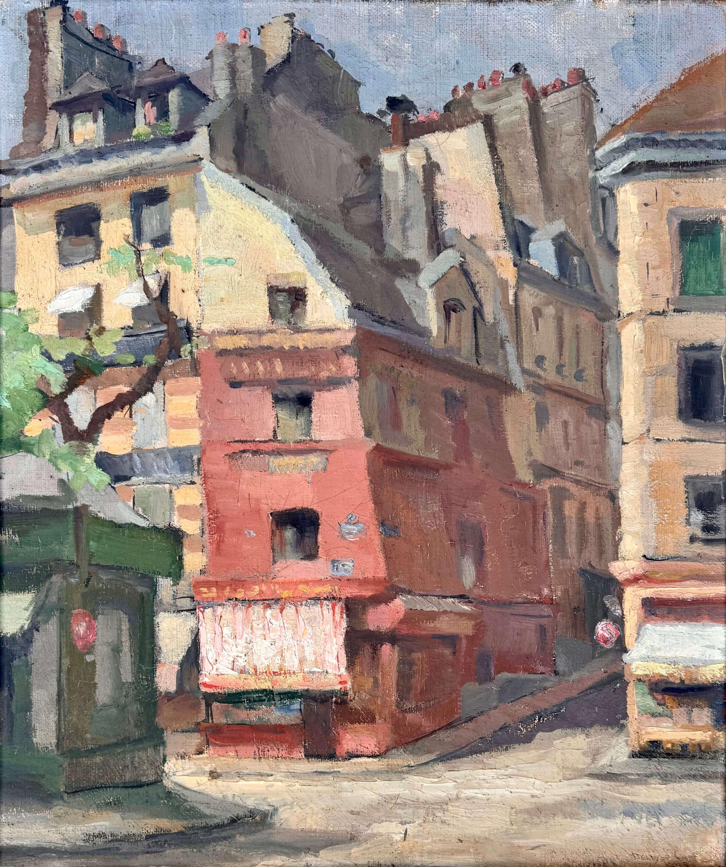 Scène de rue parisienne, tableau ancien signé et daté
