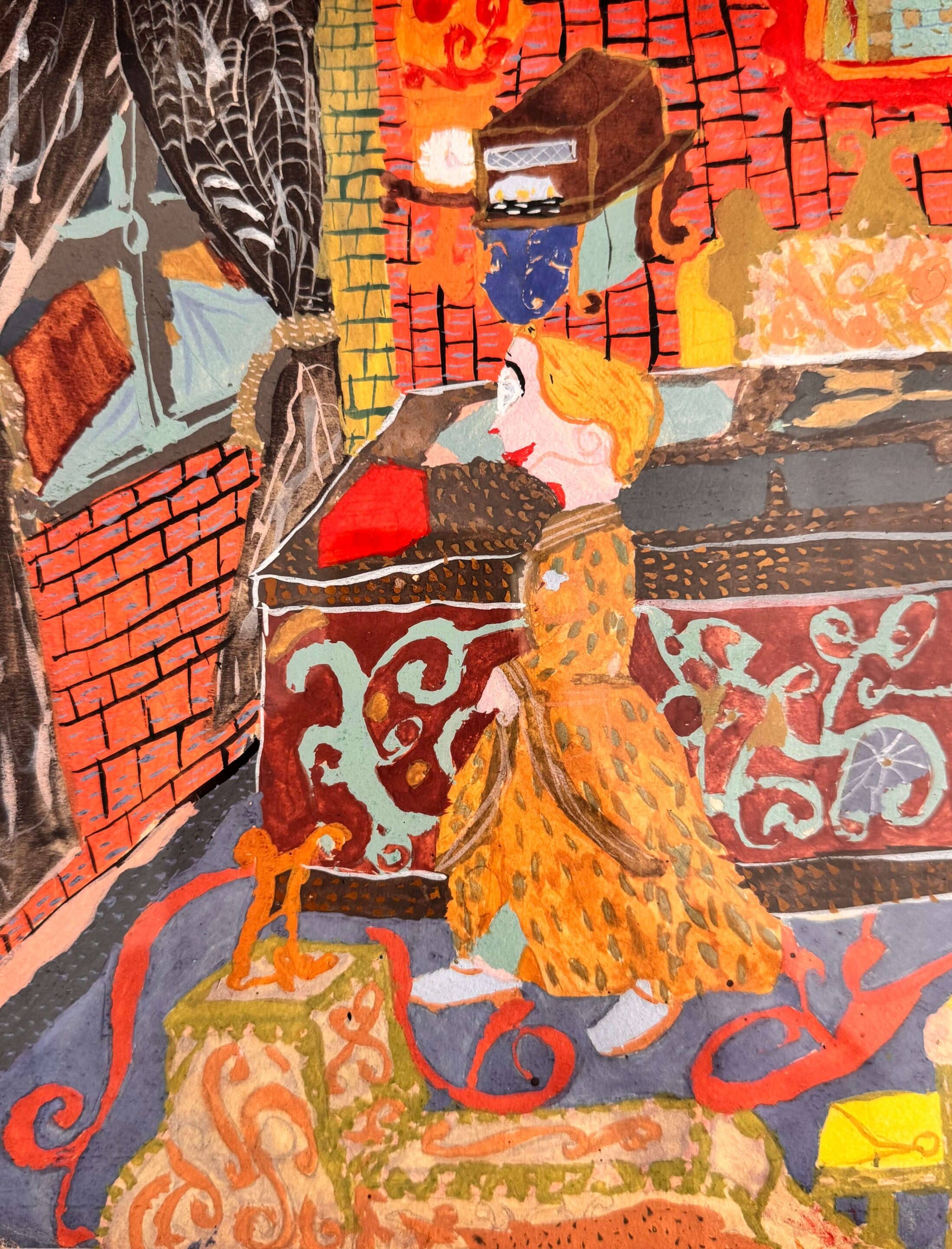 Dessin gouaché, scène d'intérieur