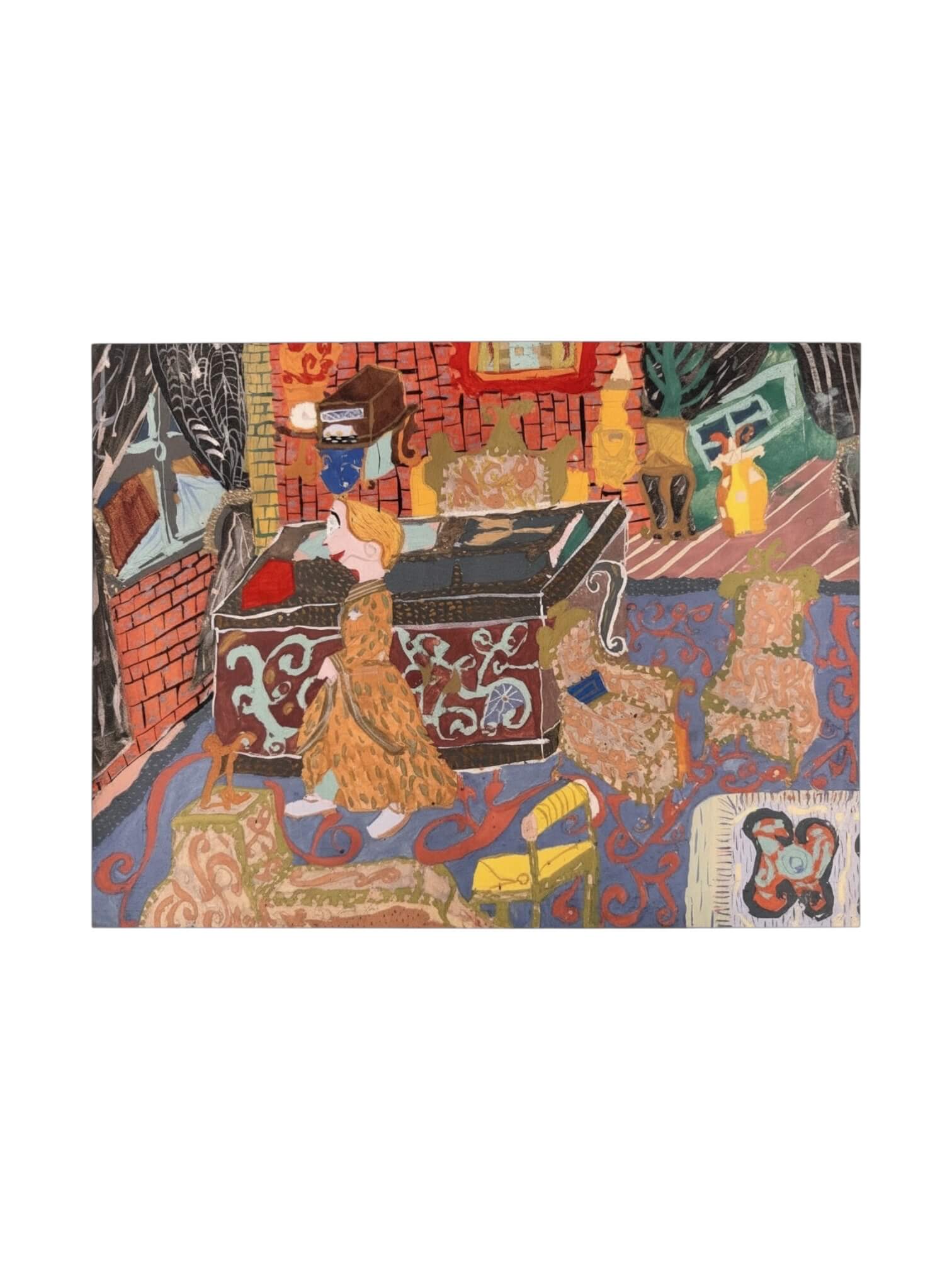Dessin gouaché, scène d'intérieur