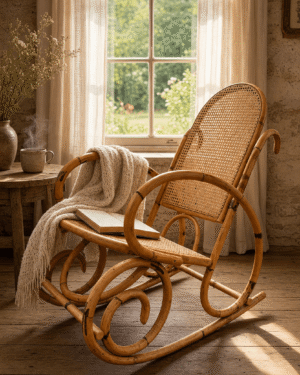 Rocking-chair rotin et cannage 70's